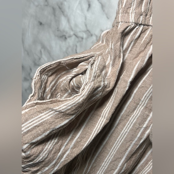 Linen Cotton Blend Taupe Cream Verticle Stripe Tie Shirt Dress Pockets M Resort - Picture 7 of 8